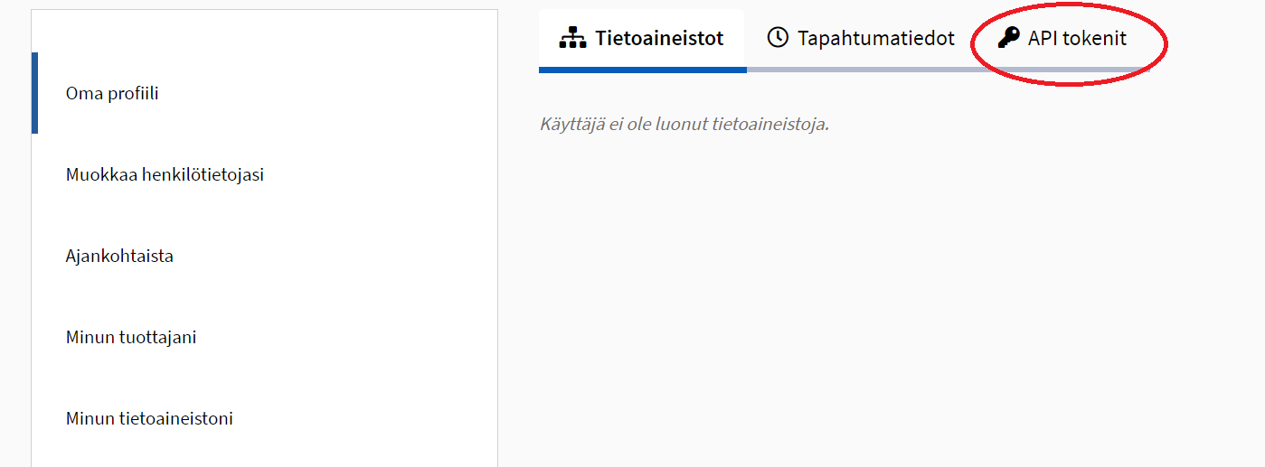 API-token luodaan omassa profiilissa API tokenit -välilehdellä.