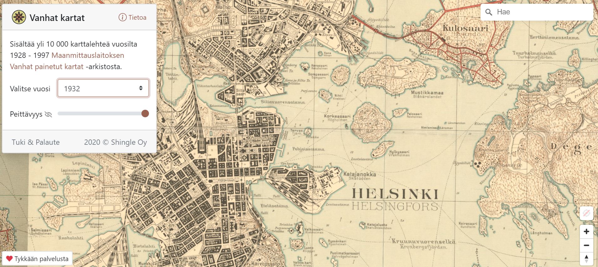 Vanhatkartat.fi-palvelusta löytyy esim. Helsingin kartta vuodelta 1932.