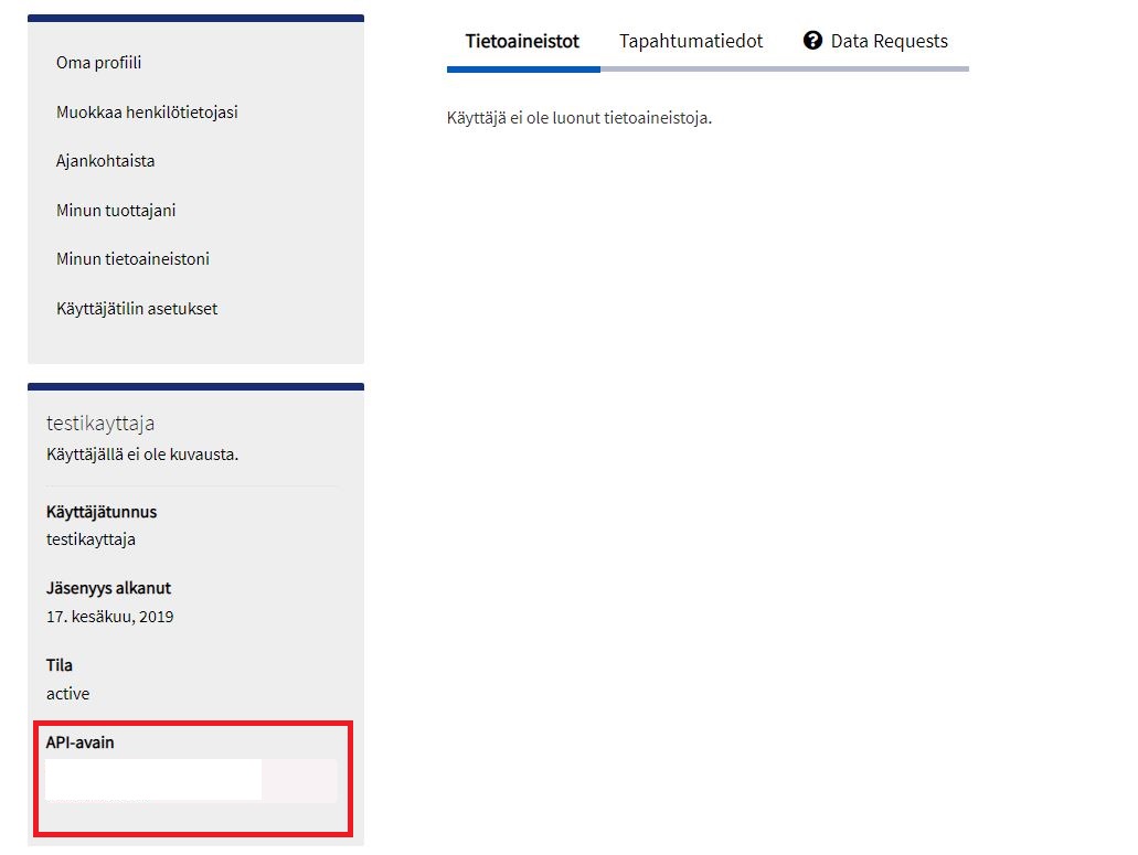 Löydät API-avaimen profiilisivultasi käyttäjätunnuksesi tiedoista. API-avain on kirjaimista ja numeroista koostuva sarja, 