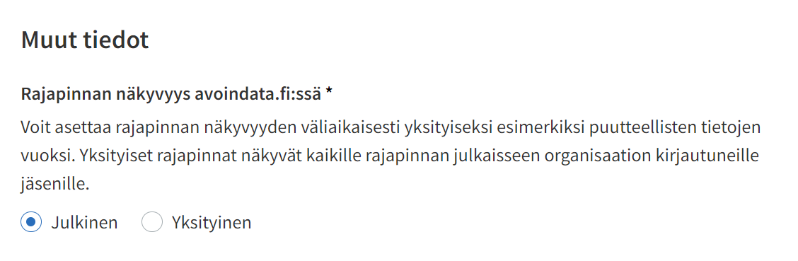 Valitse rajapinnan näkyvyydeksi julkinen tai yksityinen.