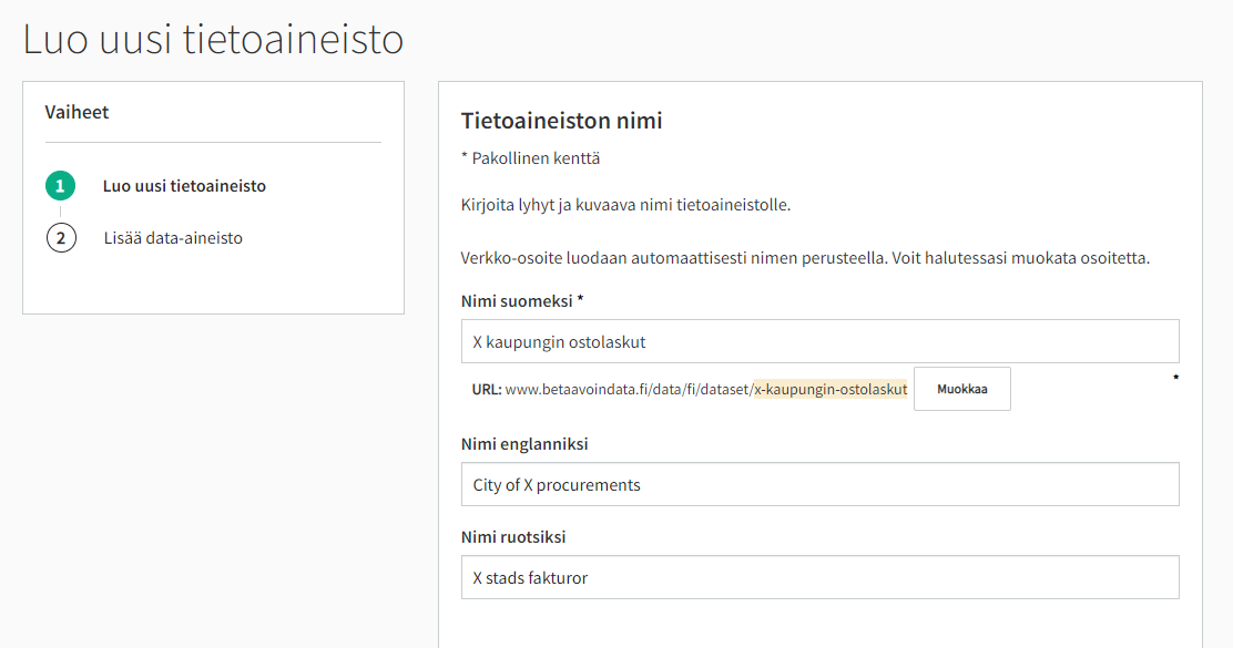 Tietoaineiston nimen on hyvä olla lyhyt ja kuvaava.