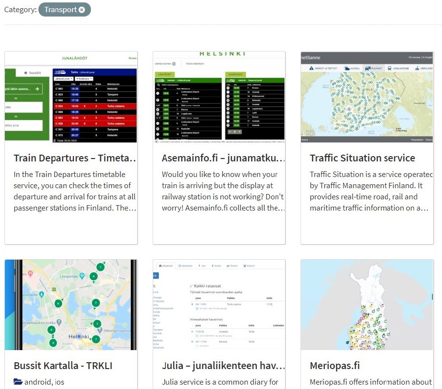 Opendata.fi's showcase gallery lists different examples of applications that are based on open data.