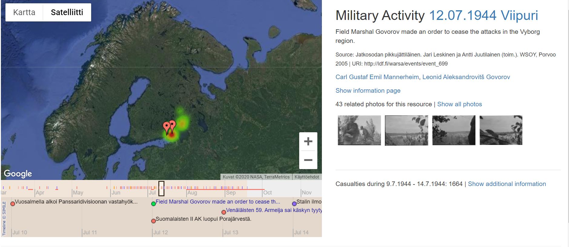 WarSampo puts the events of the Continuation War on a timeline and shows the stages on a map. 